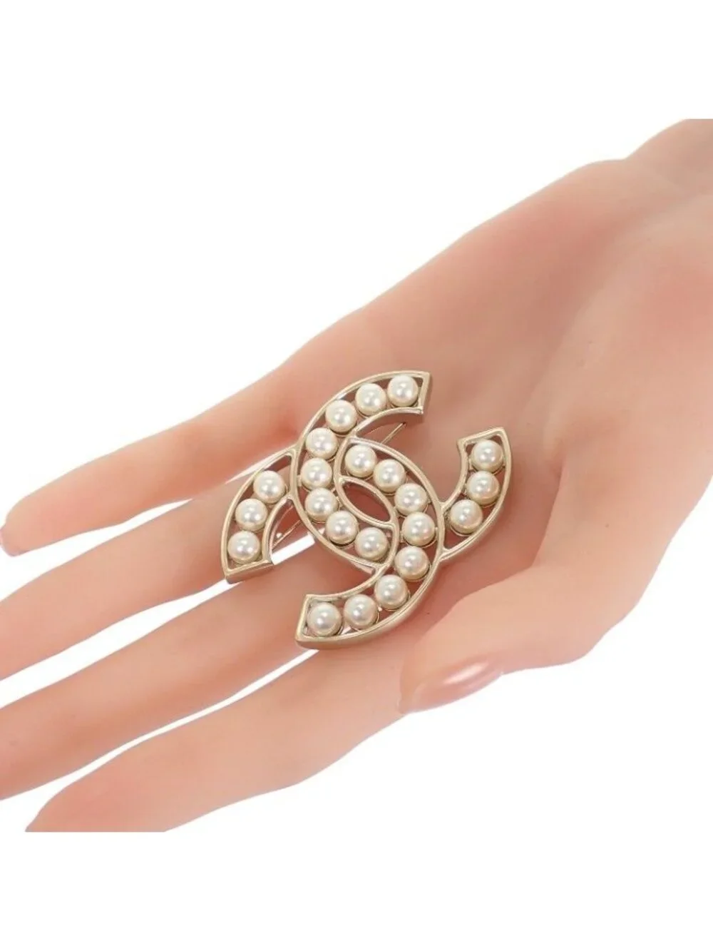 Chanel CC Logo Pearl Brooch Metal Faux White Gold White